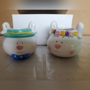 Russ Berrie White Ceramic Bunny Candle Holder Set